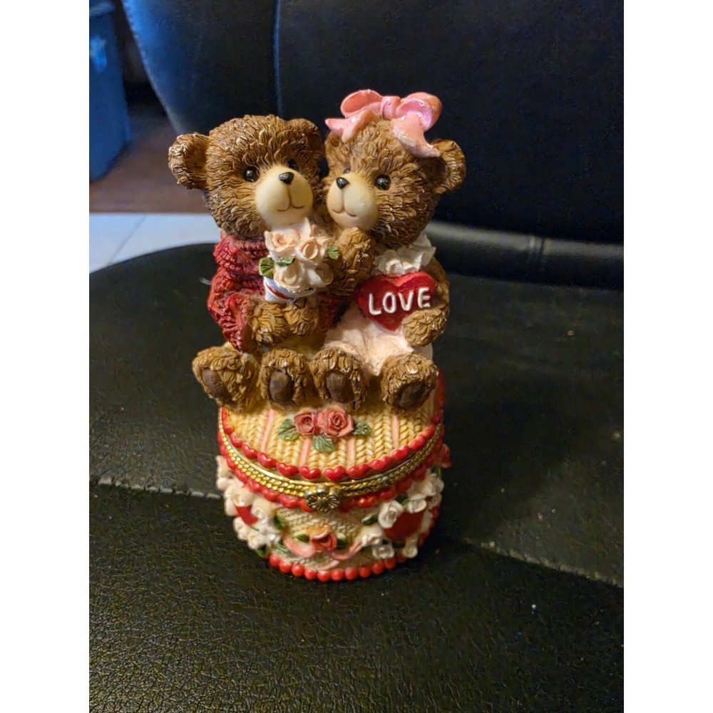 Vintage Pink Valentine Holiday Teddy Bear Small Trinket/Jewelry Box 4" Tall